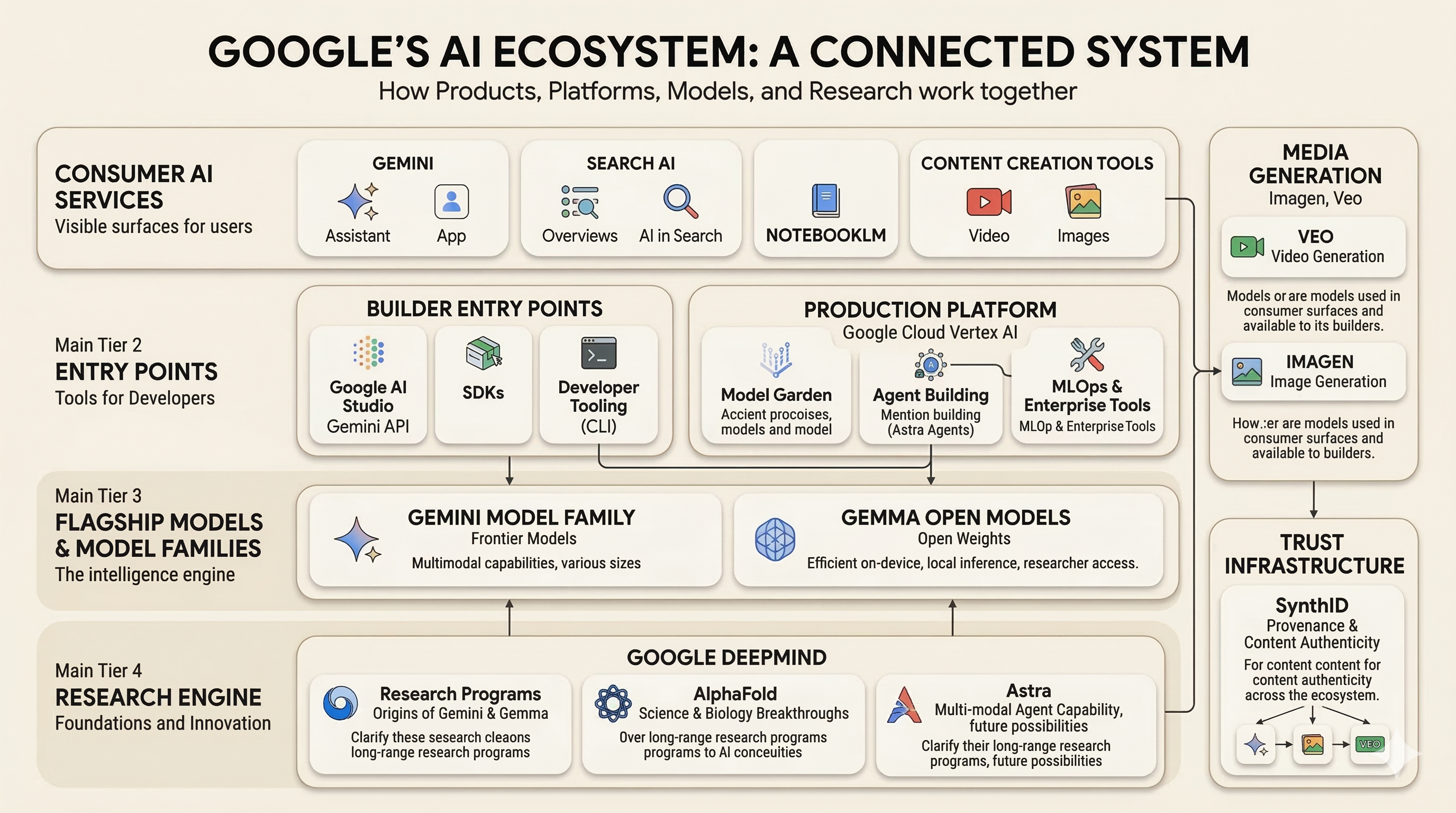 Generated system-map infographic for Google's AI ecosystem.