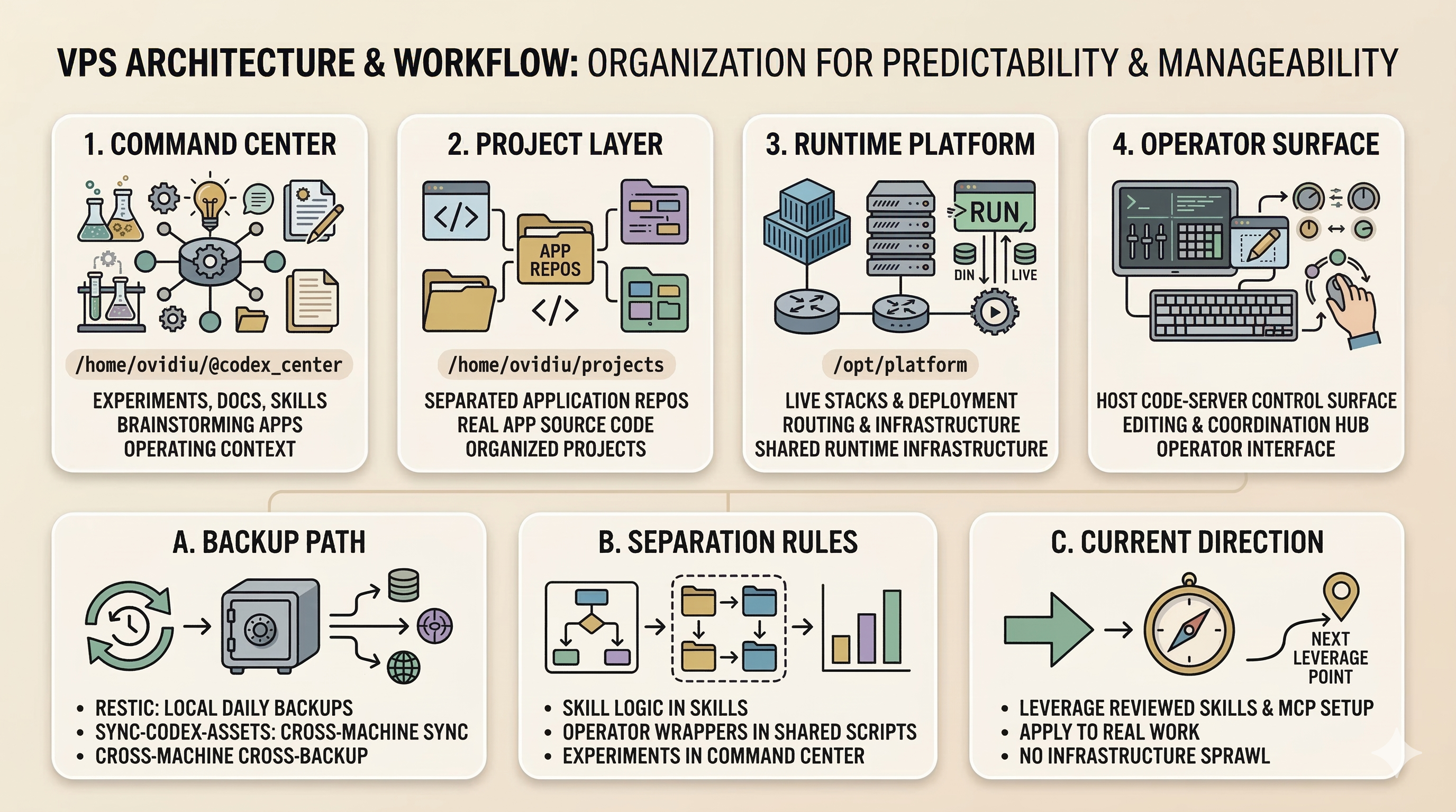 Generated infographic summarizing the VPS architecture and workflow, including the command center, project layer, runtime platform, operator surface, and the operating rules that keep the system manageable.